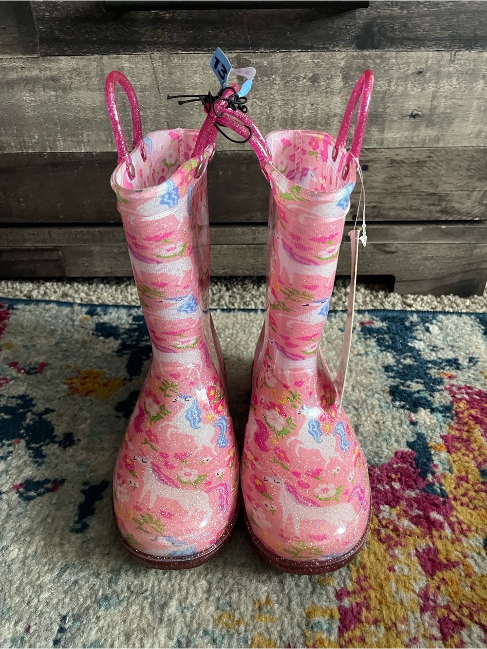 Girls' Pink Members Mark Glitter Unicorn Rain Boots - Kids Shoes size 13/1 new l